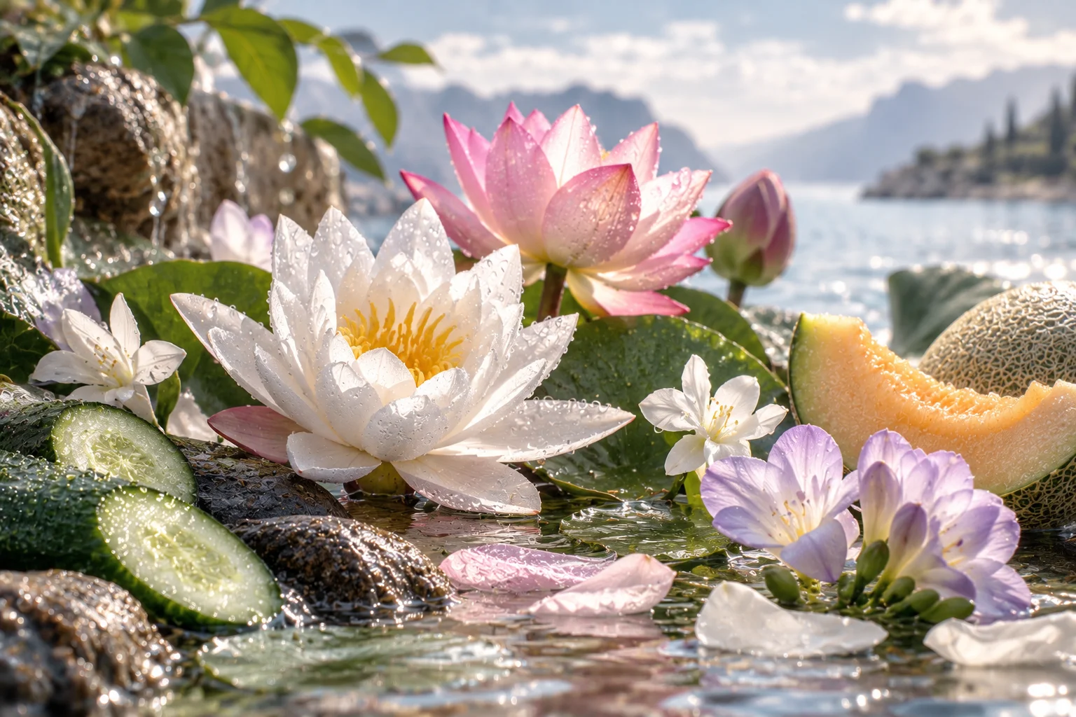 Water lily, lotus, cucumber and floral composition for SERENITY
